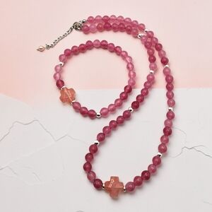 Strawberry Quartz Cross Pendant Necklace and Bracelet Set